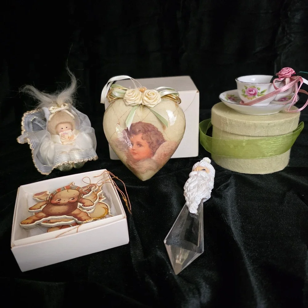 Lot of Vintage Victorian Style Christmas Ornaments: Kewpie, Teacup, Angel, Etc